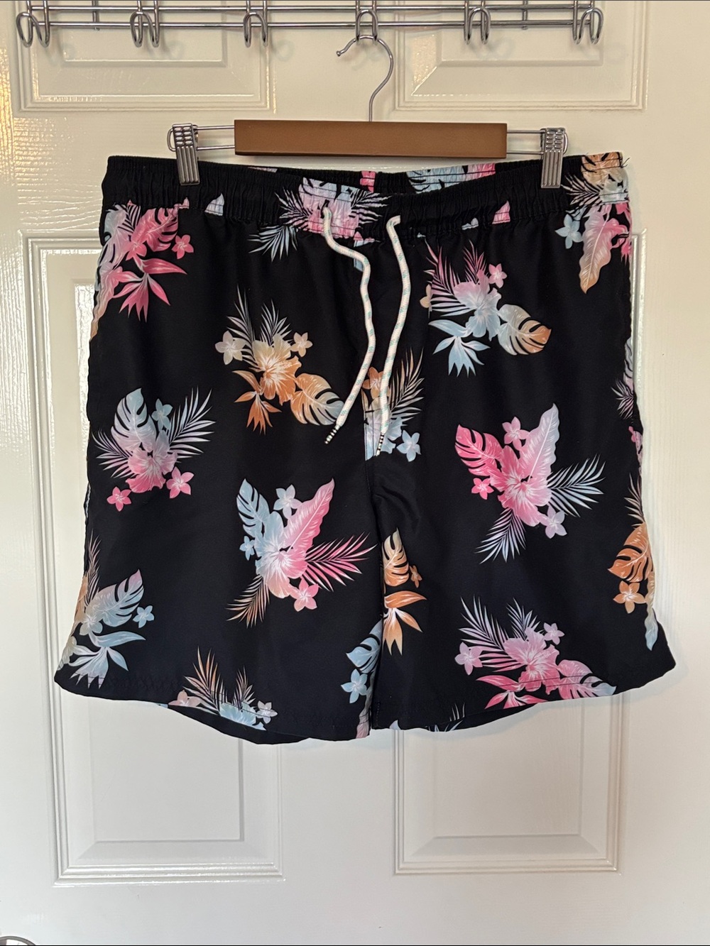 Original Use Black Swim Trunks with Pink, Orange & Light Blue Floral Print